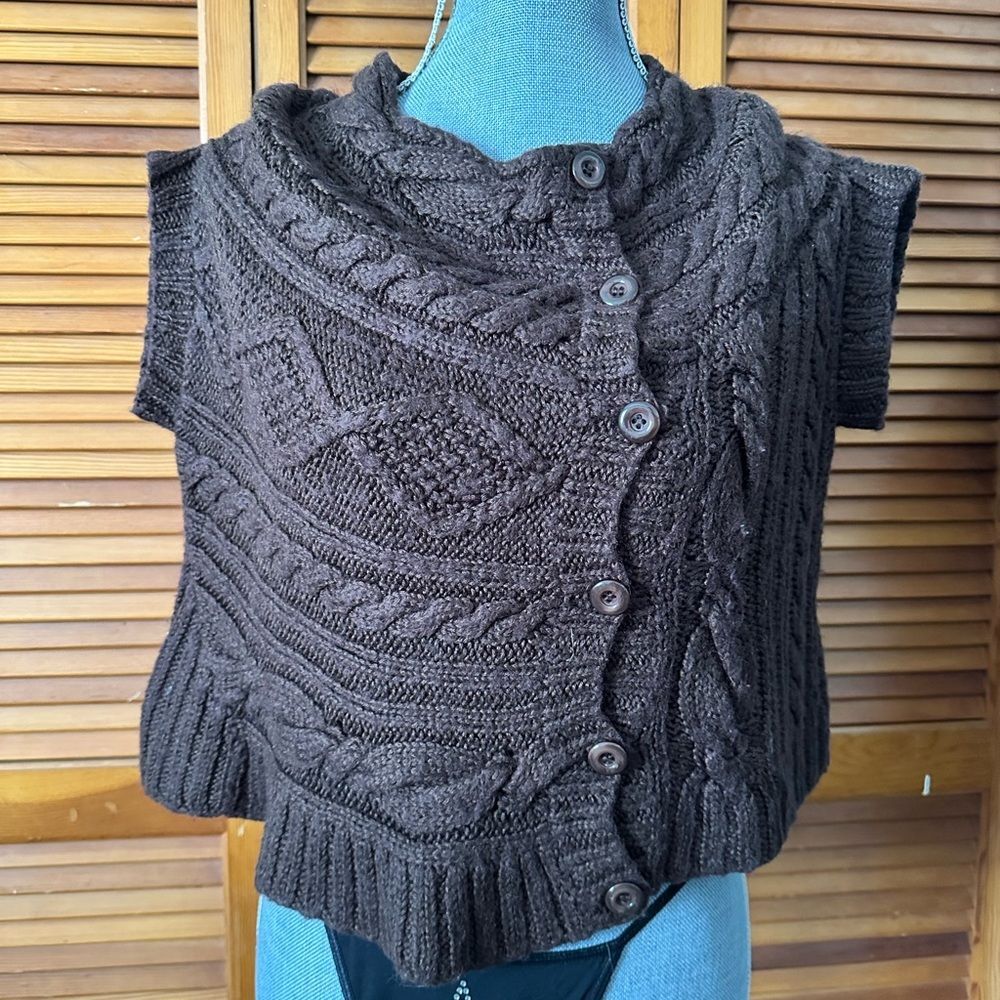 Y2K Brown Asymmetric Cropped Button Up Fairy Cable Knit Sweater